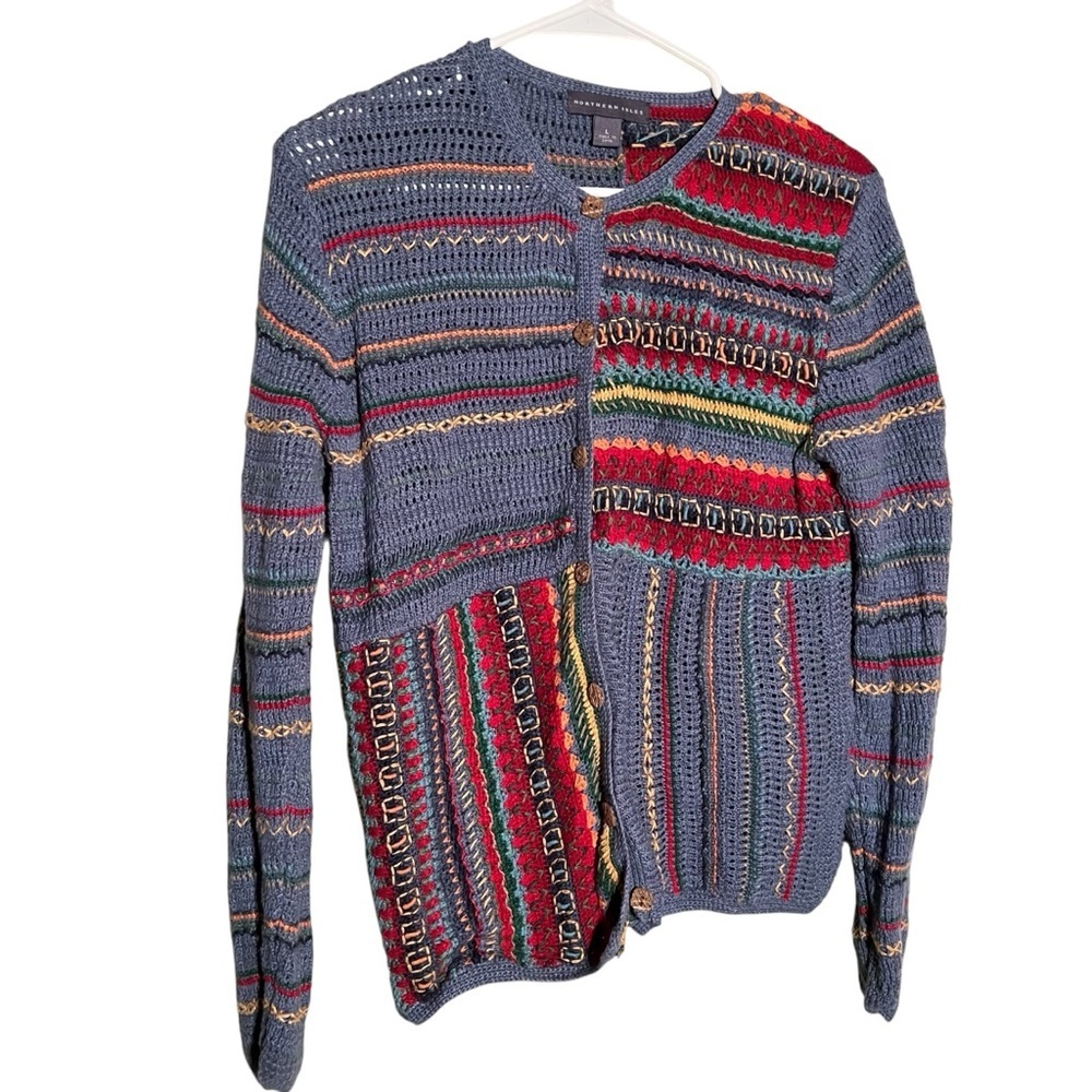 Northern Isles Womens Size Large Cardigan Sweater Colorful Striped Knit Blue Red